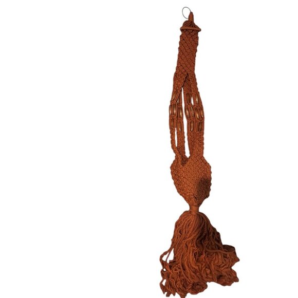 Vintage Macramé Plant Hanger | 70s Boho Woven Hanging Planter with Wooden Beads - Picture 1 of 6